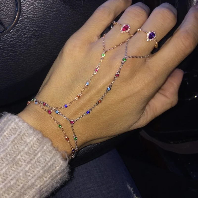 Slave Bracelet With Ring Hand Bracelets Jewelry Cz Station Chain Colorful Rainbow Color Bezel Cz Charm Romantic Women Jewelry