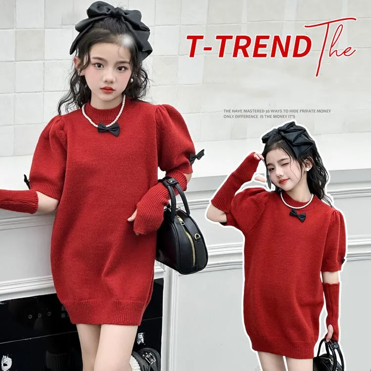 

2024 Korean Spring Autumn Children Girl Kintted Dress Teenager Girl Sweater One-piece Dress School Girl Long Warm Knitwears