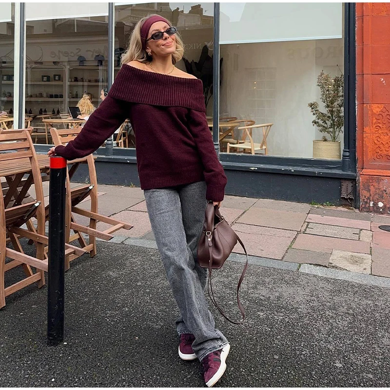 Suéter elegante burdeos con hombros descubiertos para mujer, jersey de punto de manga larga ajustado, prenda informal de punto de calle de primavera 2025