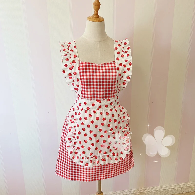 Adorable Stberries Printed Pure Cotton Apron Kitchen Home Use f Waterproof Korean Sle Faionable Coverall Waist Apron