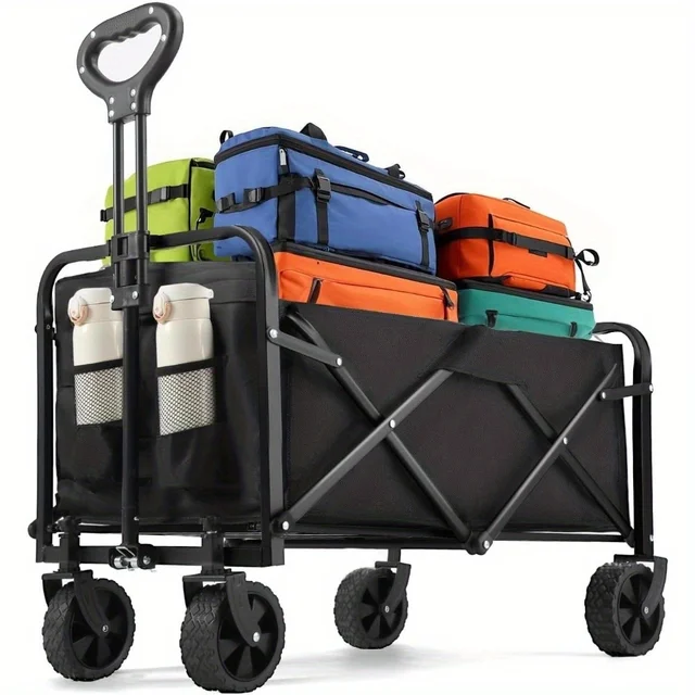 Heavy Duty Wagon Carts Foldable, Portable Wagons for Groceries, Beach Cart with All-Terrain Wheels  Drink Holders, Utility Wagon