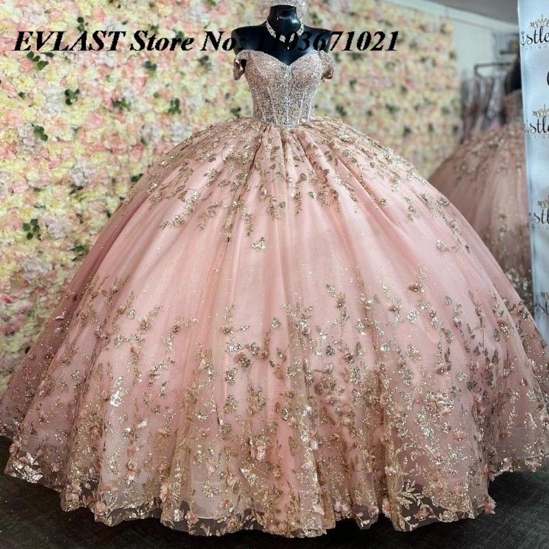 

EVLAST Shiny Pink Quinceanera Dress Ball Gown Gold Applique Beading Sequins Tiered Corset Sweet 16 Vestidos De XV 15 Anos SQ10