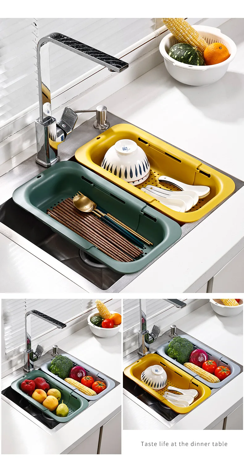 Sink Drain Rack – Adjustable Retractable Kitchen Shelf with Plastic Drain Basket