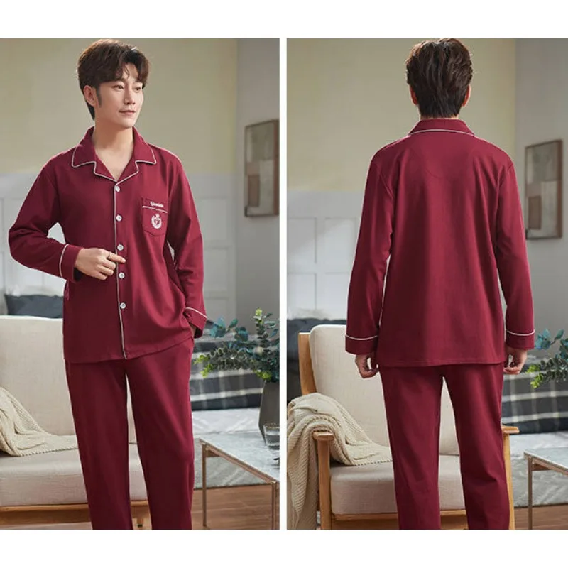 2024 New Pajamas Men's Long Sleeve Cotton Sleepwear Spring Autumn Young Men Homewear Autumn Winter Casual V-neck Loungewear Set