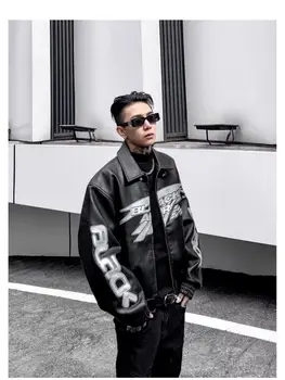 الخريف الشتاء فاسق معطف التطريز دراجة نارية دعوى بولي Leather سترة جلدية الرجال شارع العليا الرجعية المتخصصة صورة ظلية سترة الوزن الثقيل - Image 2