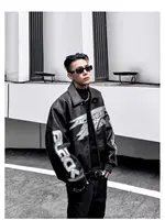 Autumn Winter Punk Coat Embroidery Motorcycle Suit PU Leather Jacket Men's High Street Retro Niche Silhouette Heavyweight Jacket 2