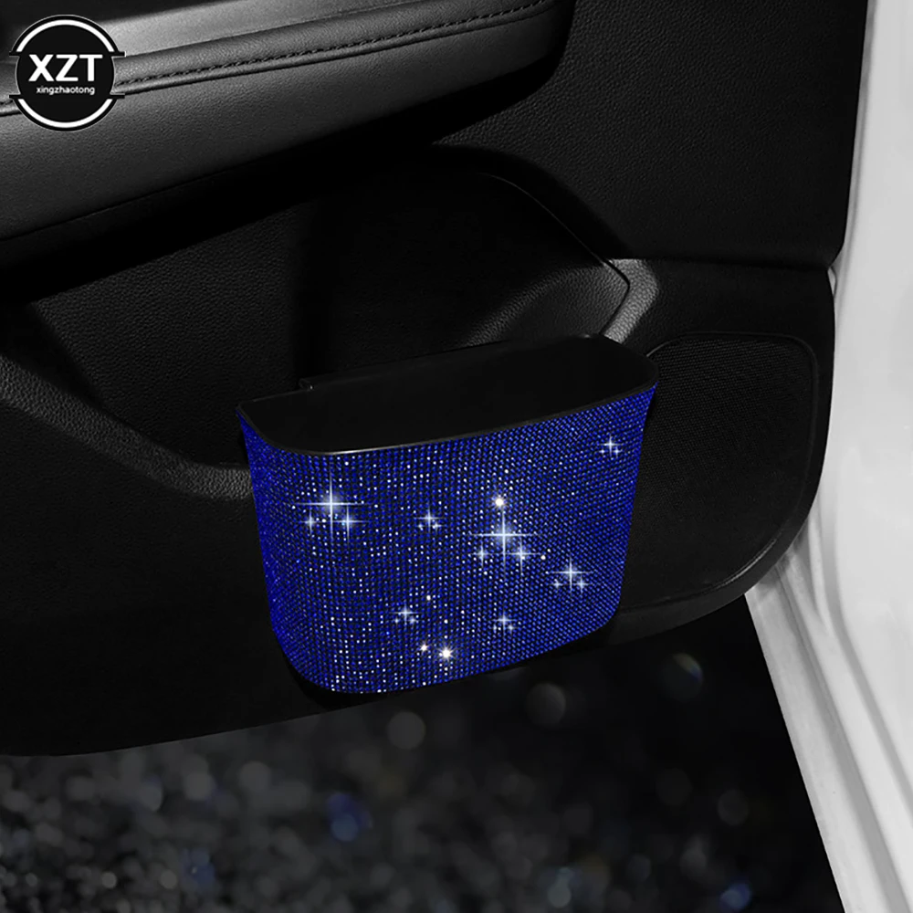 Car Trash Can Diamond Crystal Organizer Bin with Lid Leakproof Mini Vehicle Trash Bin Glitter Garbage Car Hanging Accessories car storage bag car trash can car trash bag