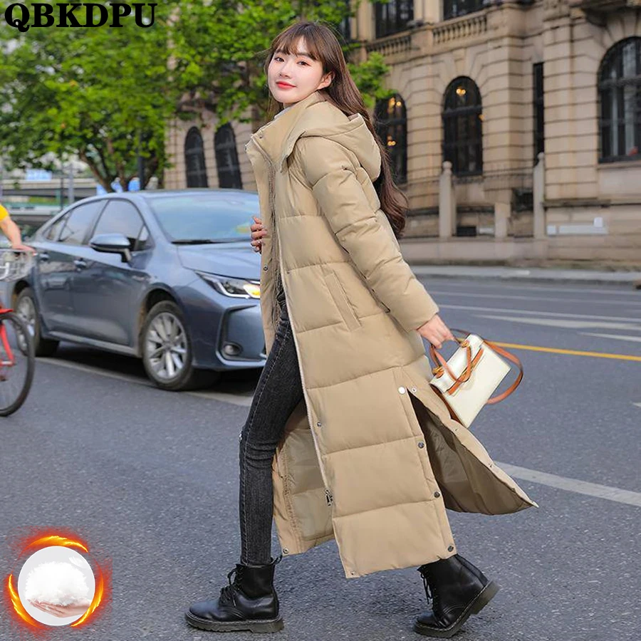 

Зимнее пушистое пальто с капюшоном из хлопка, длинное женское теплое плотное базовое однотонное повседневное Свободное пальто, Корейская ветровка, зимняя куртка 2022