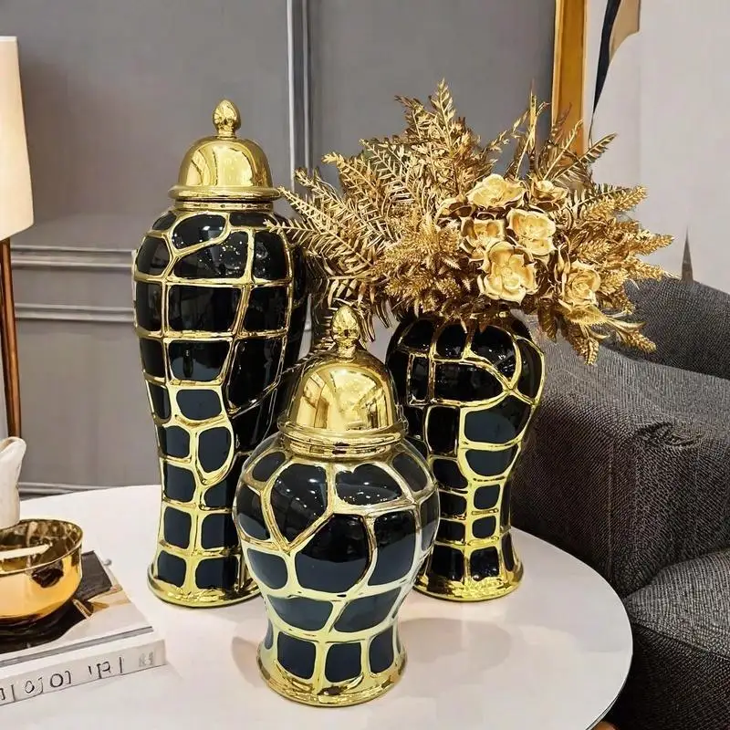 Black Plaid Can Ceramic Checkmate Jar Flower Vase Sealed Storage Tank Ginger Jar Chinese Porcelain Handicrafts Home Decoration 4