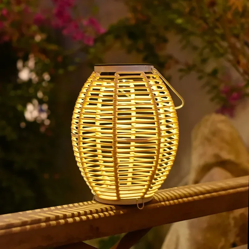 Solar Rattan-Weaved Ceiling Lamp Outdoor Courtyard Garden Lawn Lamp Handmade Imitation Bamboo Hanging Lamp Atmosphere Landscape