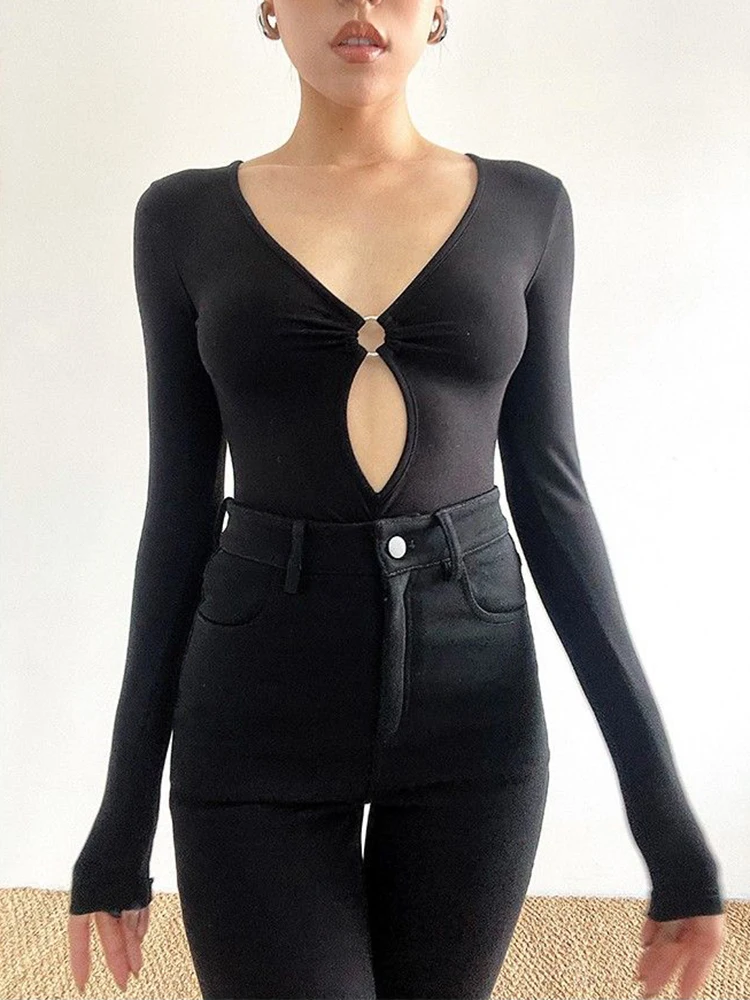 Fashion Women¡¯s Long-sleeved Bodysuit Solid Color Hollow Low-cut V-neck Jumpsuit Sexy Spicy Girl Top Club Y2k Clothing