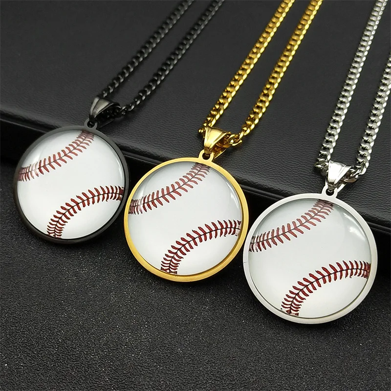 Mode Sport Baseball Runde Glas Anhänger Halskette für Frau Mann Edelstahl Schlüsselbein Kette Schmuck Collier NBL54-1S01 – Detail 7