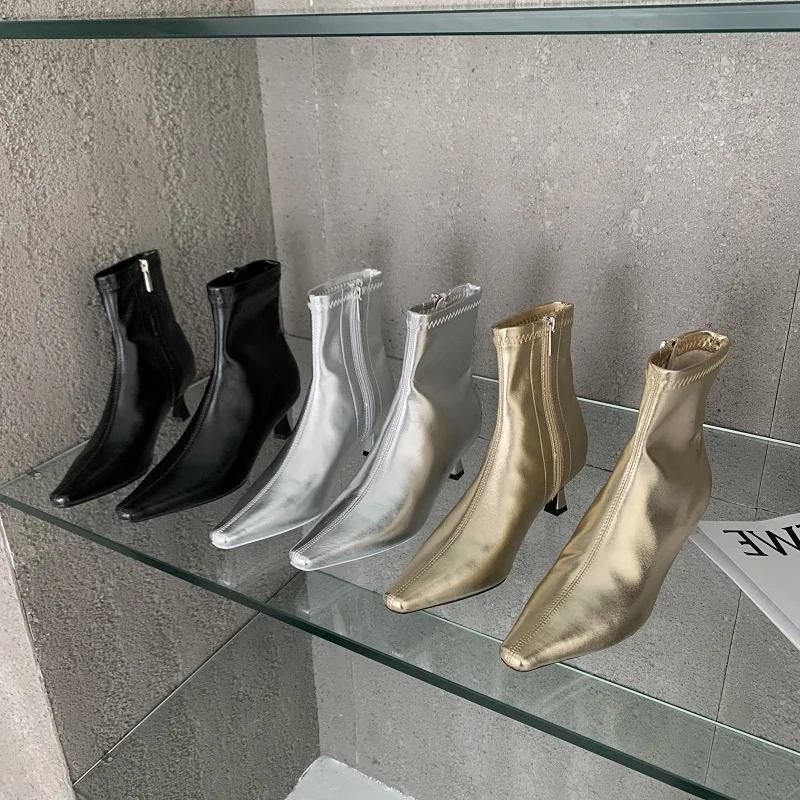 

Spring New Pointed Toe Women Ankle Boots Ladies Eelgant Thin High Heel Solid Chelsea Shoes Soft Leather Short Boots
