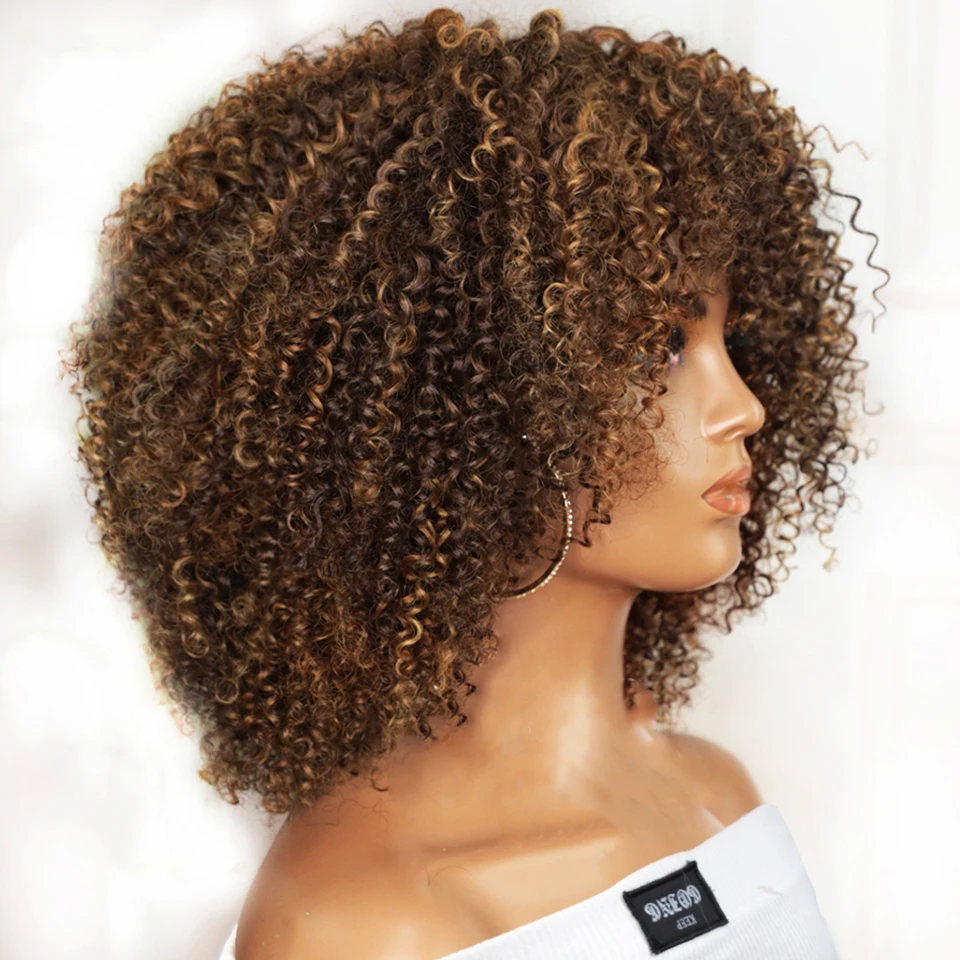 Human Hair Wigs Short Afro Kinky Curly Wig With Bangs Peruvian Highlight Brown Glueless Full Machine Wig 250 Density For Black Women Human Hair