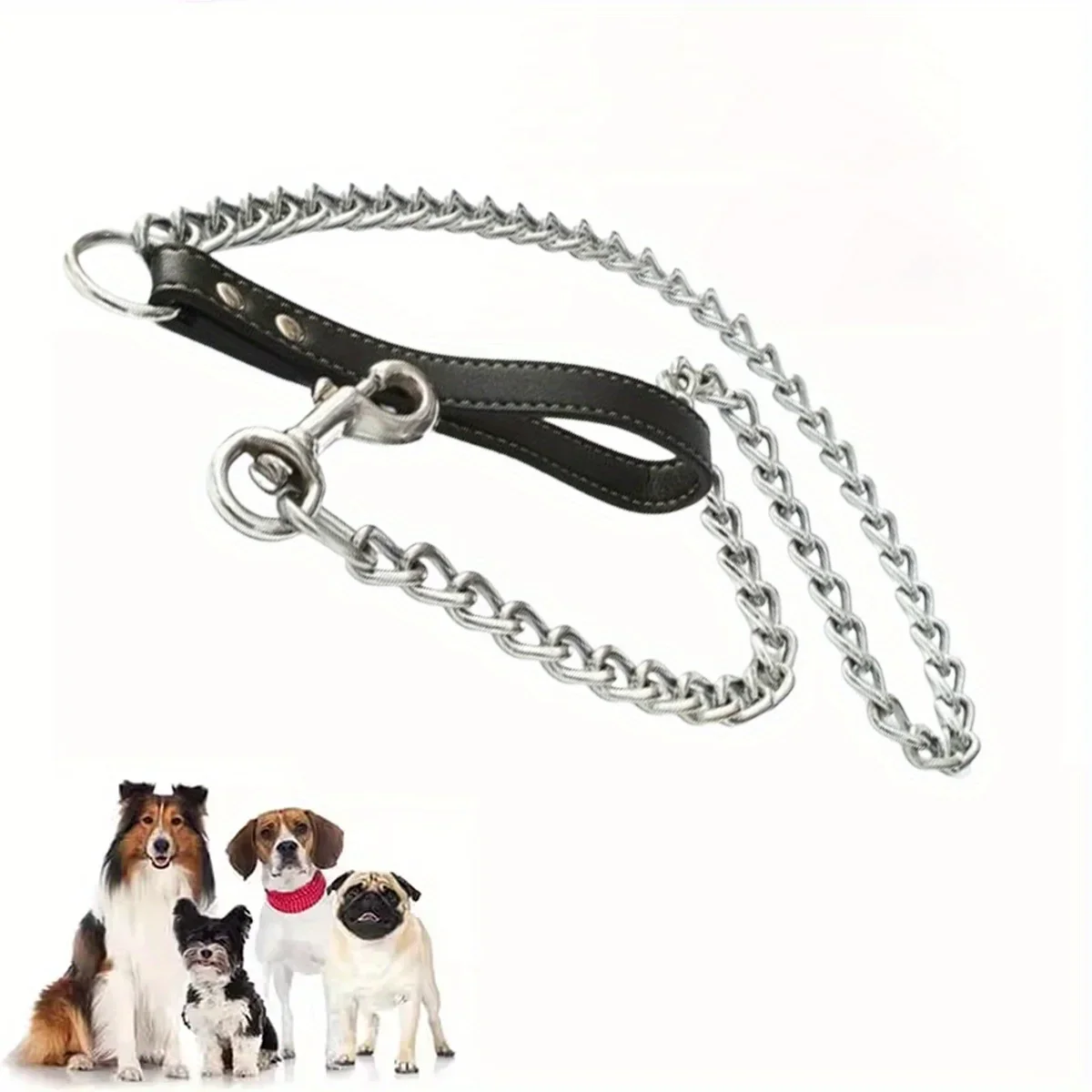 Heavy-Duty Dog Chain Leash 120cm Leather Handle Ideal for Large Breeds