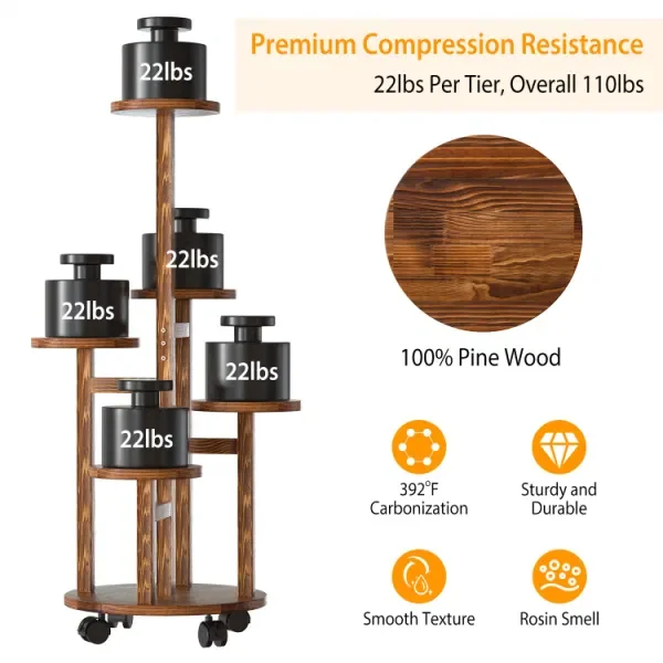 5 Tier Plant Stand with 4 Detachable Wheels Wooden Plant Pot Rolling Shelf Display Rack for Indoor Outdoor Decoration
