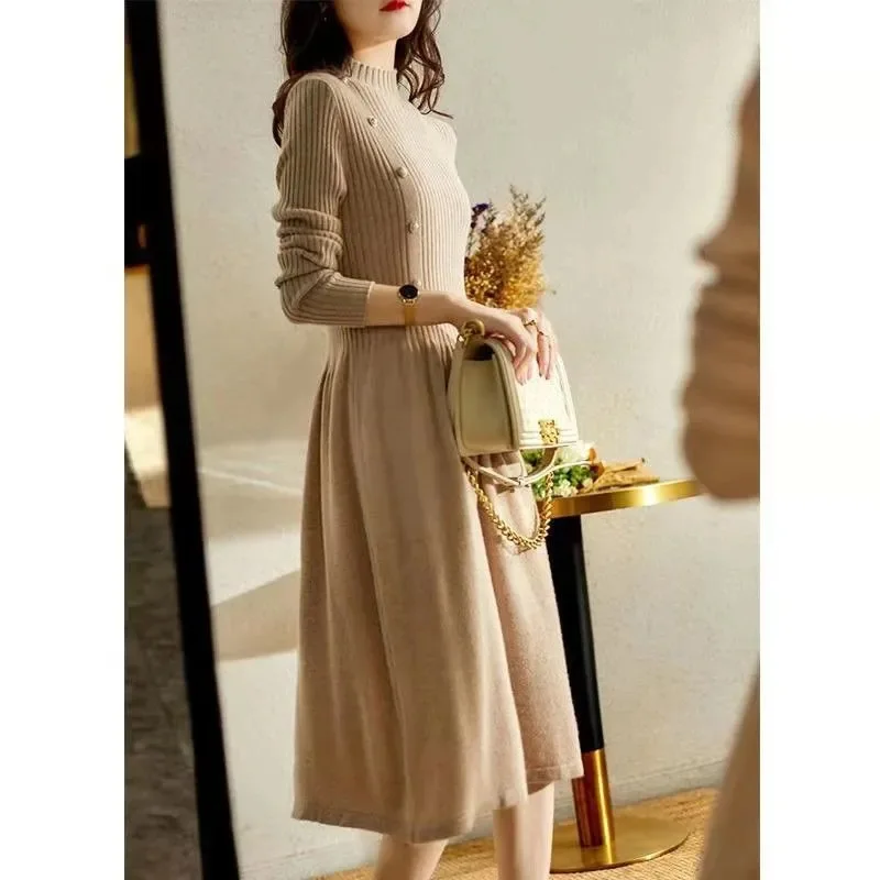 

Spring and Autumn New Slim Fit Skirt Trendy Bead Button Embellishment Versatile Half High Neck Long Sleeved Dress Knitted