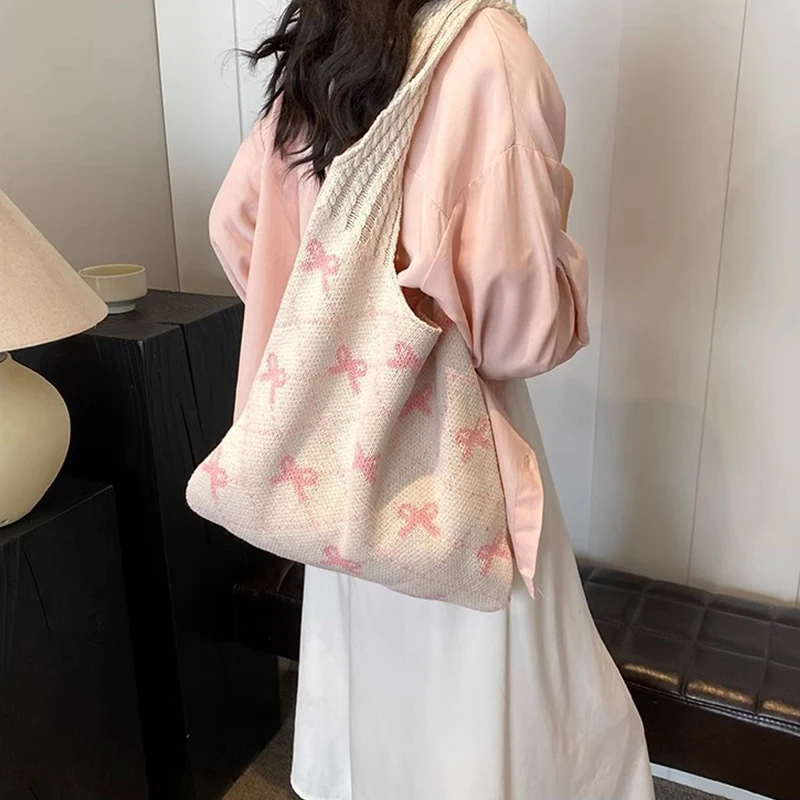 Women Crochet Tote Bag Large Capacity Bow Pattern Knitted Shopping