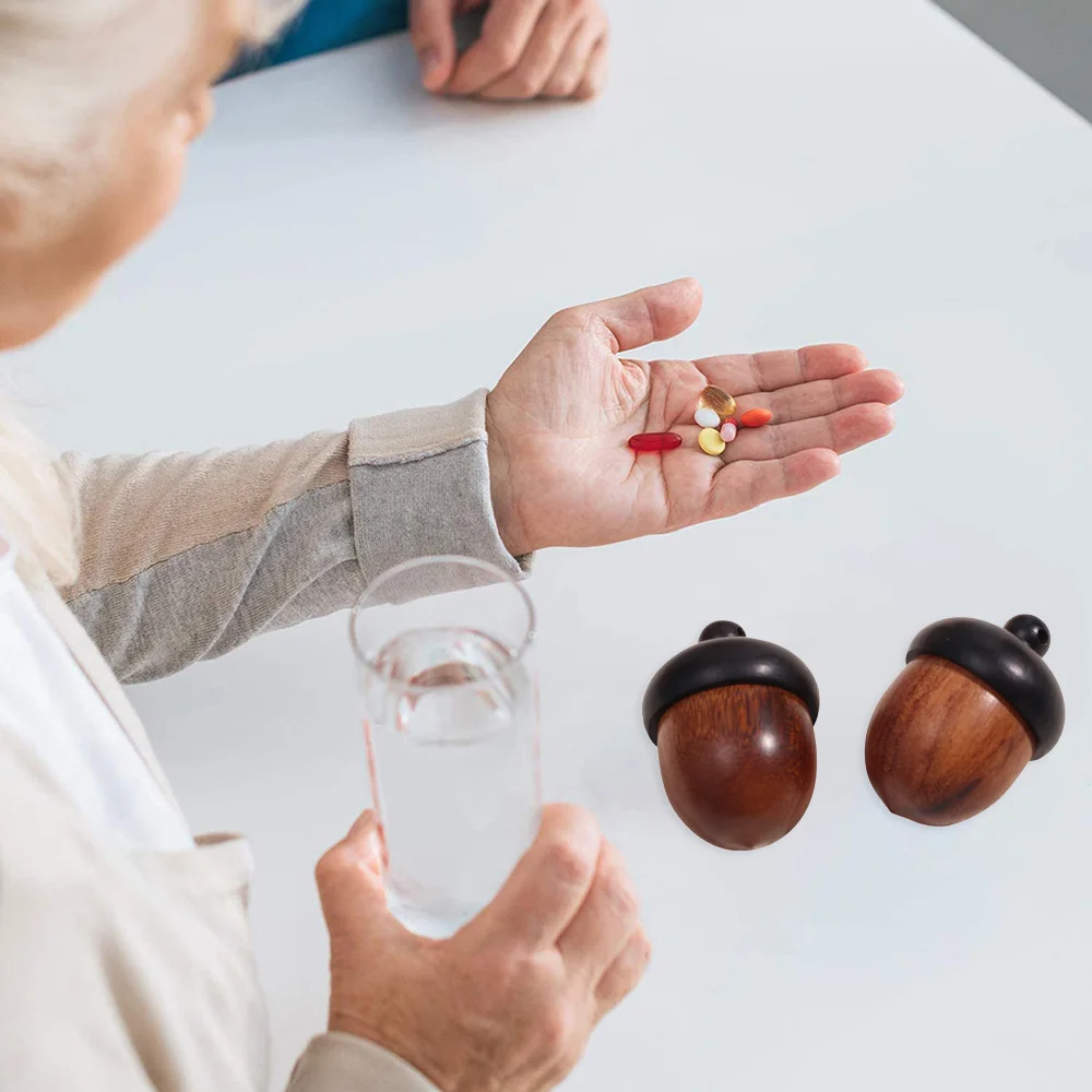 Solid Wood Pill Storage Box Acorn Pendant Mini Portable Capsule Organizer Weekly Medicine Pill Case Outdoor Home First Aid Tools