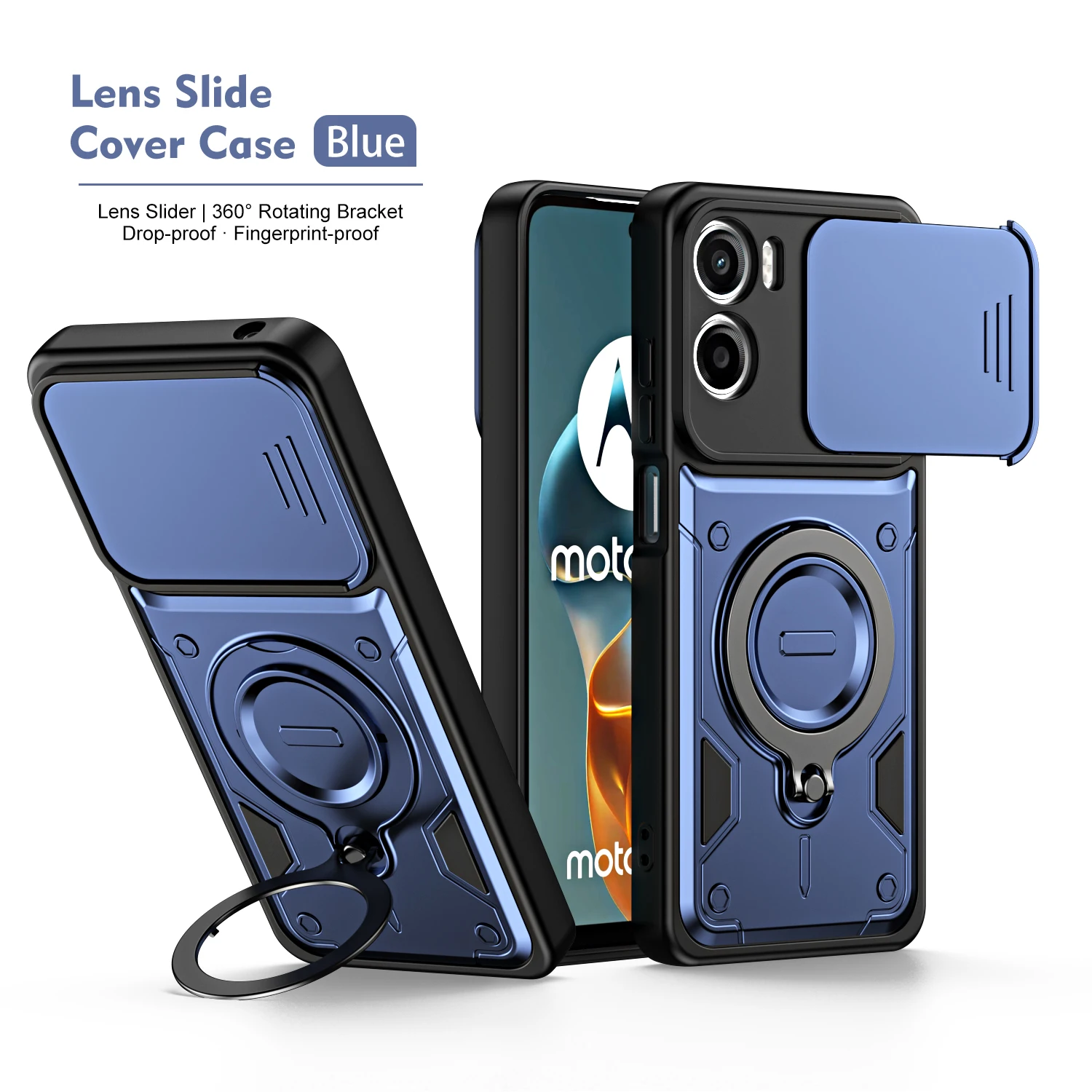 Rugged Armor Shockproof Phone Case with Slide Camera Lens Protection and Ring Stand
