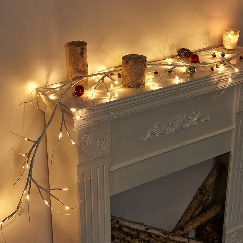 2023 Birch Garland Lights 48 LED Battery Operated - Lighted Twig Vine for Fireplace 8 Modes Decoration Indoor Outdoor Use