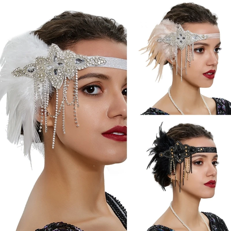

Винтаж 1920-х годов Flapper GreatGatsby женская повязка на голову с перьями головной убор со стразами и бахромой для 20-х годов