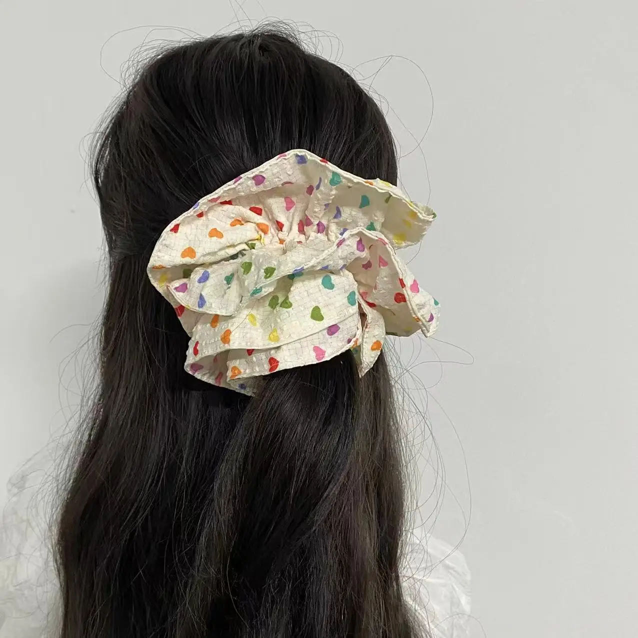 1PC Colorful Heart - Printed Scrunchie, Cute Large Hair Tie for Women, Sweet Hair Accessory for Daily Wear and Parties