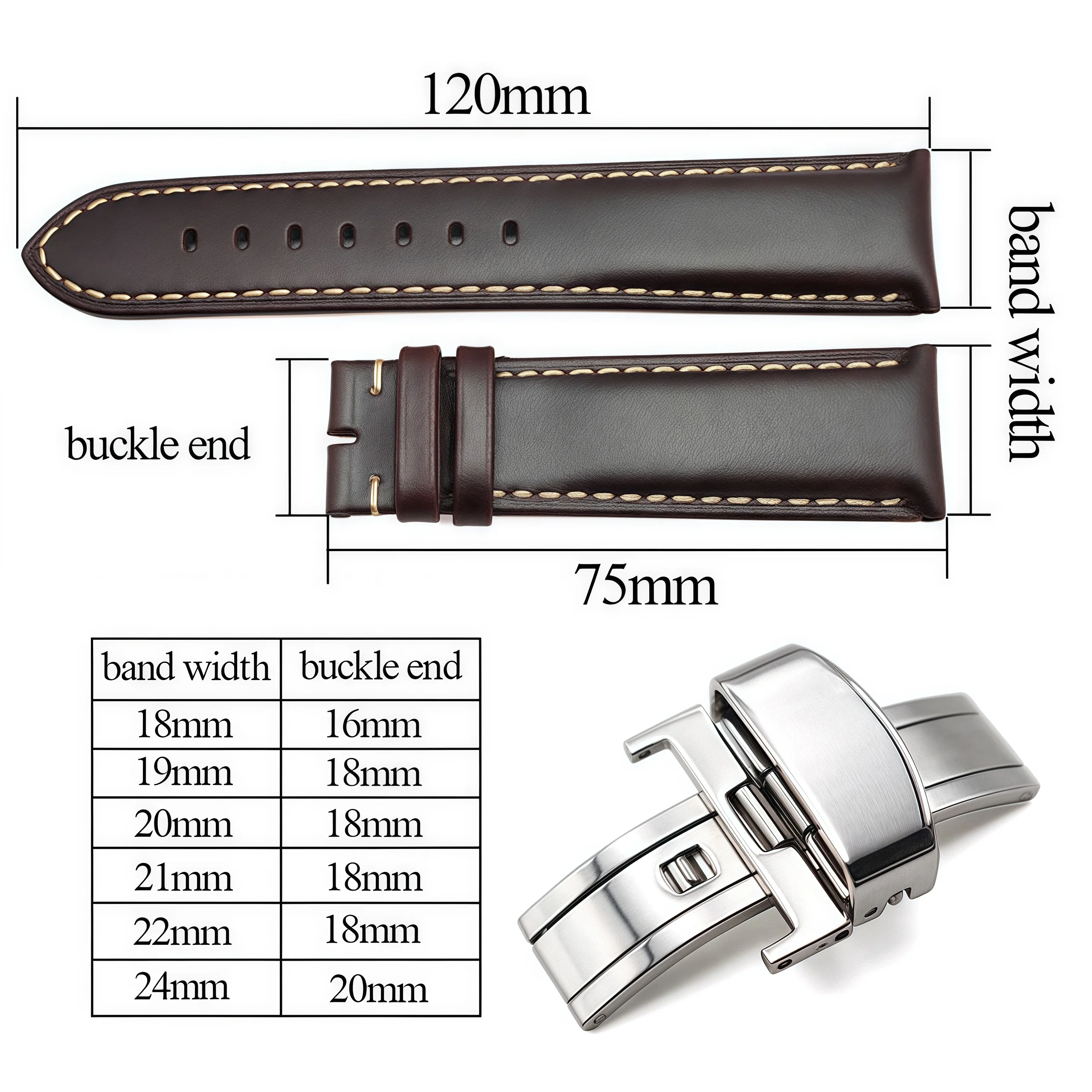 Vintage Genuine Leather Watch Band with Quick Release and Double Push Deployment Clasp