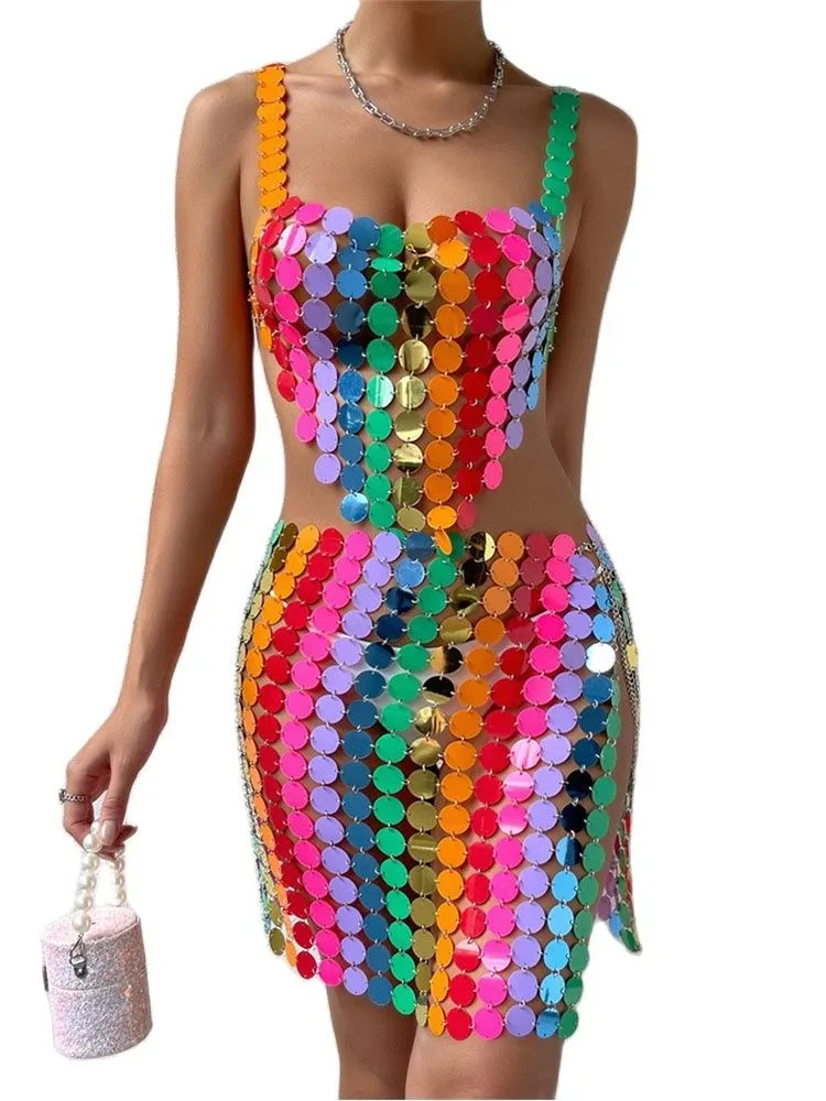 

Модные комплекты из 2 предметов с красочными блестками 2022, привлекательные мини-юбки с разрезом и радужными блестками, прозрачный кроп-топ с блестками