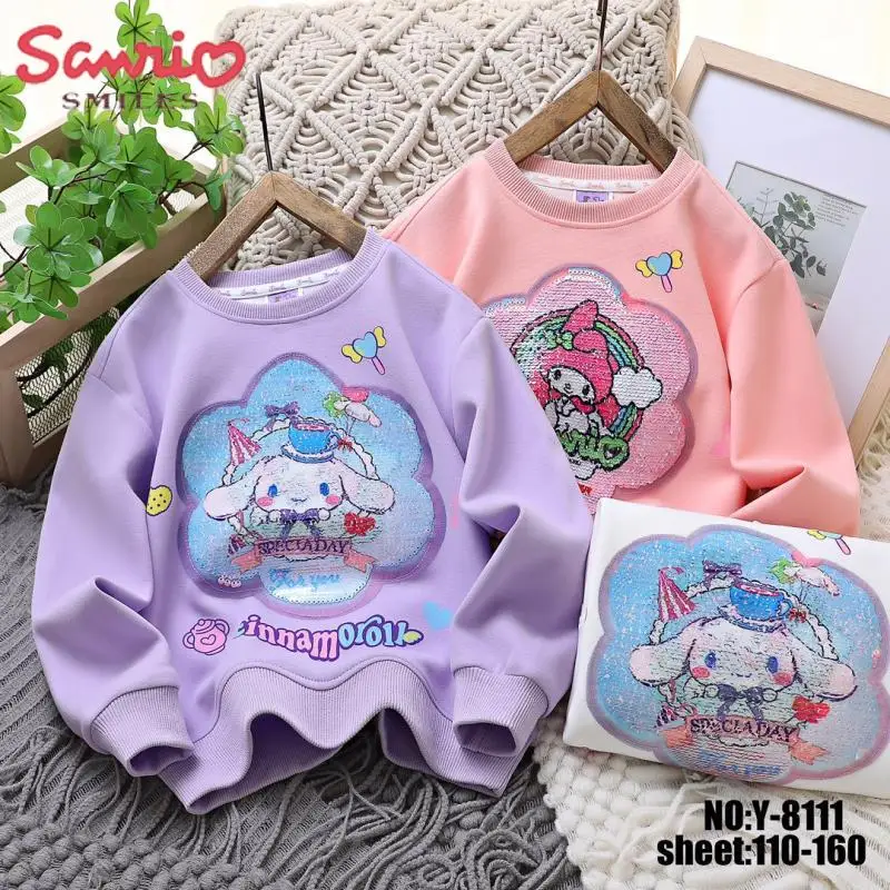 

Sanrio Kids Cotton Round Neck Sequin Sweater My Melody Cinnamoroll Cartoon Casual Hoodies Cute Student Loose Top Anime Girl Gift