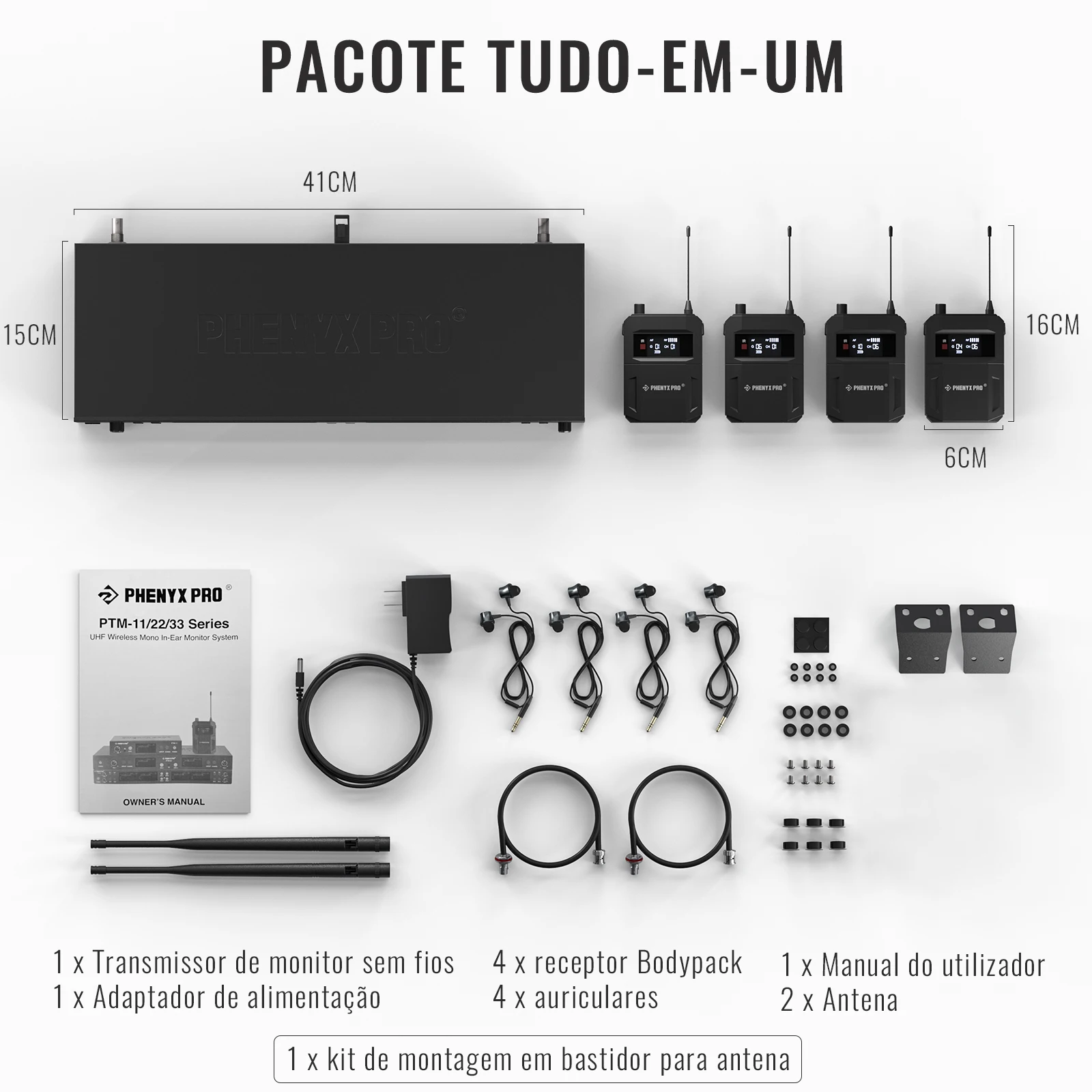 Quad-Channel Mono Wireless IEM System Metal transmitter w/4Plastic Bodypacks 4x25UHF Frequencies Rack Mount for Studio/Band