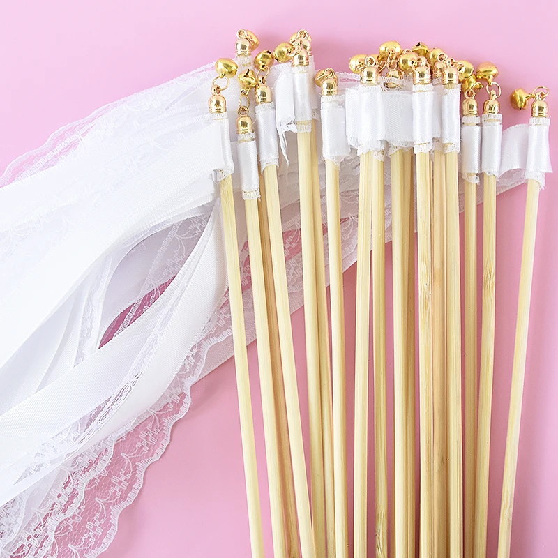 5Pcs White Ribbon Wands Fairy Sticks Wedding Twirling Lace Streamers With Golden Silver Bell Wedding Party Cheering Prop