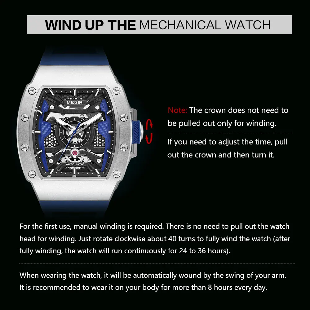 Mechanical Watch MEGIR Men's Automatic Mechanical Watch with Stainless Steel Case Sillicone Strap Fashion Waterproof Luminous Wristwatch 8604