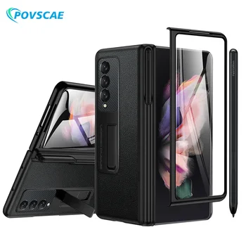 삼성 갤럭시 Z 폴드 3 케이스 힌지 보호 가죽 케이스, 분리형 S 펜 홀더 스탠드 슬롯, HD 화면 보호기 내장