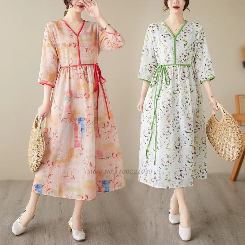 

2024 chinese vintage dance dress oriental streetwear national flower print v-neck hanfu dress oriental ethnic a-line folk dress