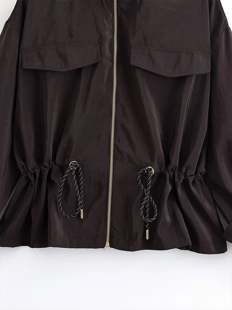 2025 Women Jacket Fashion Cargo Drawstring Waist Short Coats Women Casual High Street Long Sleeve Zipper New Jackets Outerwear