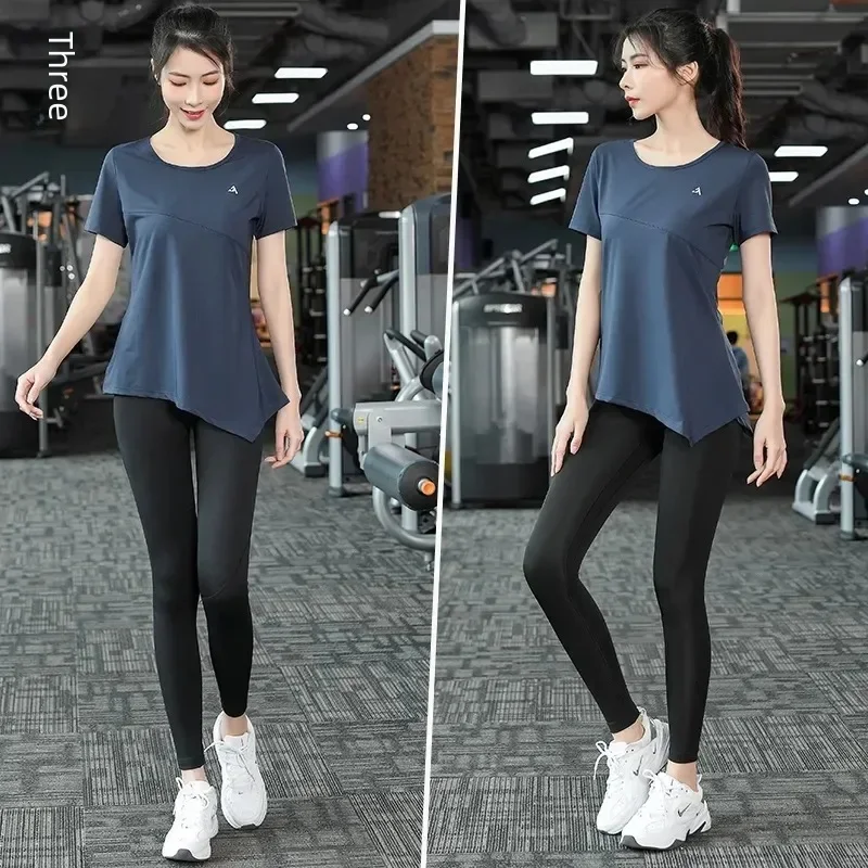 Professional sports short-sleeve t-shirts for women, fitness summer sports slimming, high elasticity, quick-dry yoga top.