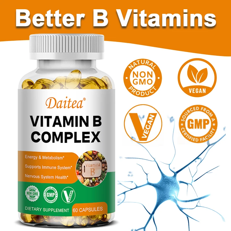 

Vitamin B Complex Capsules - Manage Daily Stress, Support Nervous System and Brain Health - Men, Women and Children