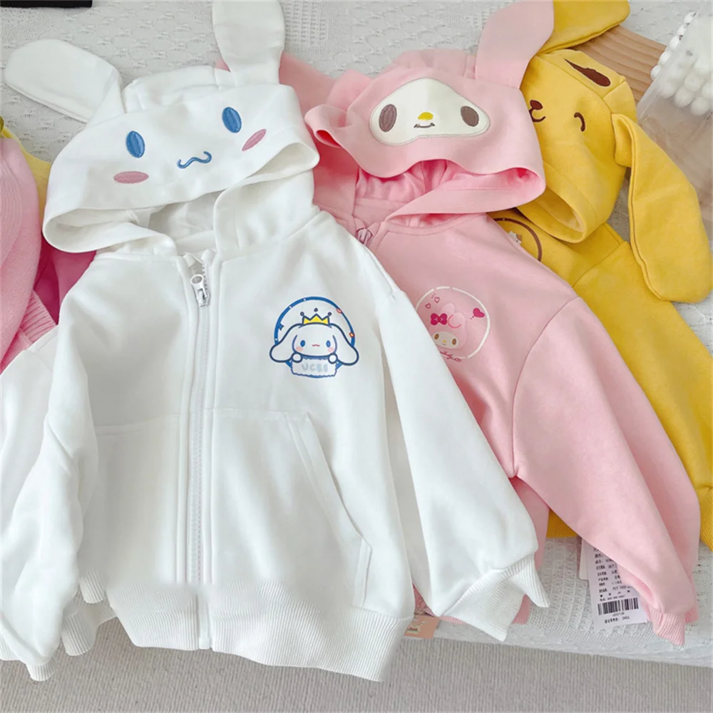 

Kawaii Sanrio MyMelody Kuromi Cinnamoroll PomPom Purin Anime Children Sweater Autumn Cute Printed Zipper Long Sleeve Coat Jacket