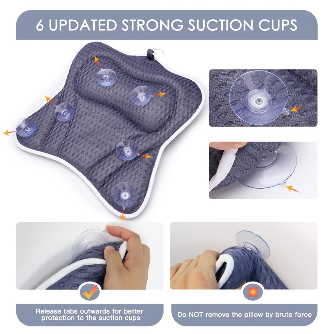 4D Bath Pillow,6 Non-Slip Suction Cups, Contouring Ergonomic Design for Neck,Shoulder Support ,Bathtub Cushion Bath Accessories