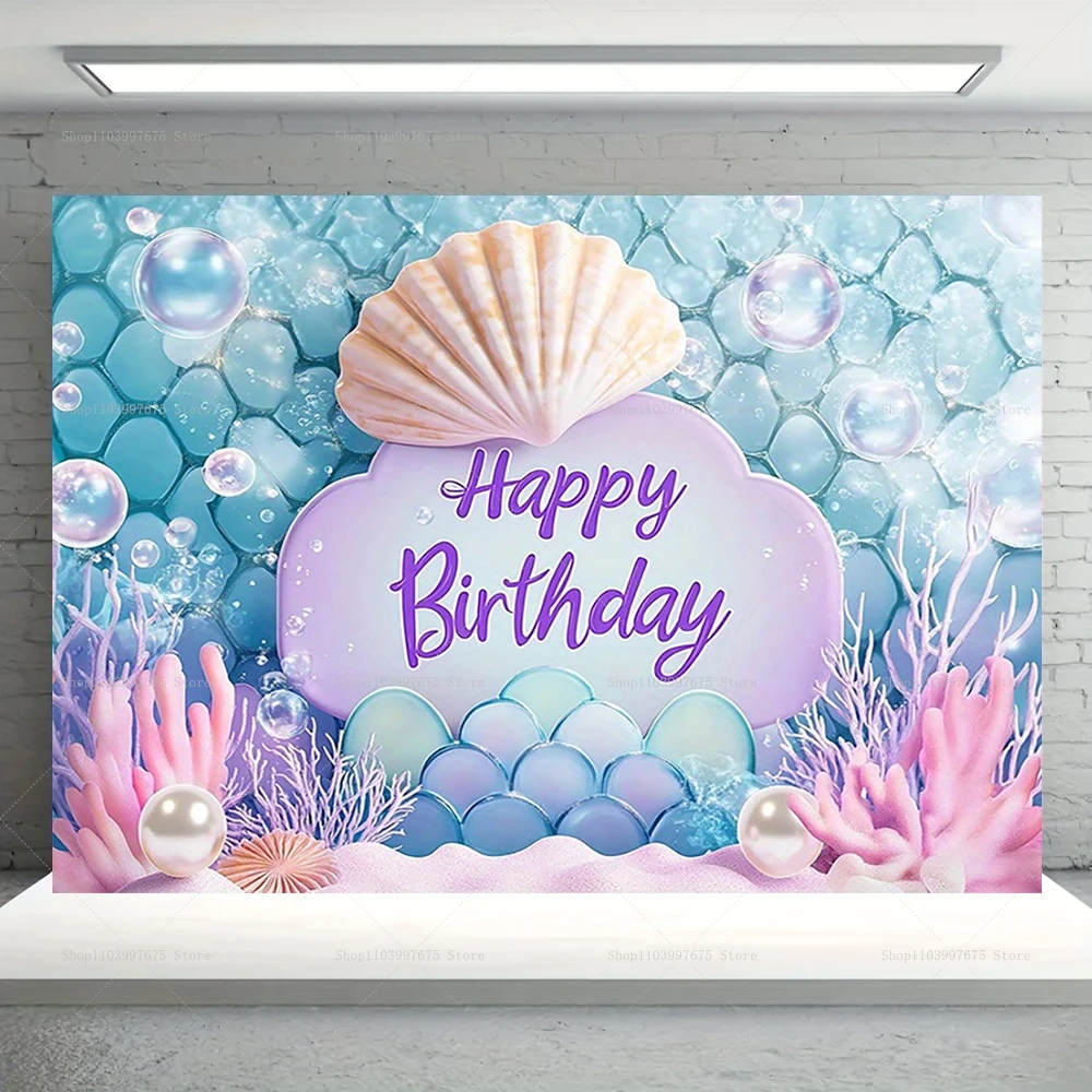 Mermaid Party Backdrops Children's Happy Birthday Decor Photographic Underwater World Shell Pearls Background Baby Shower Banner