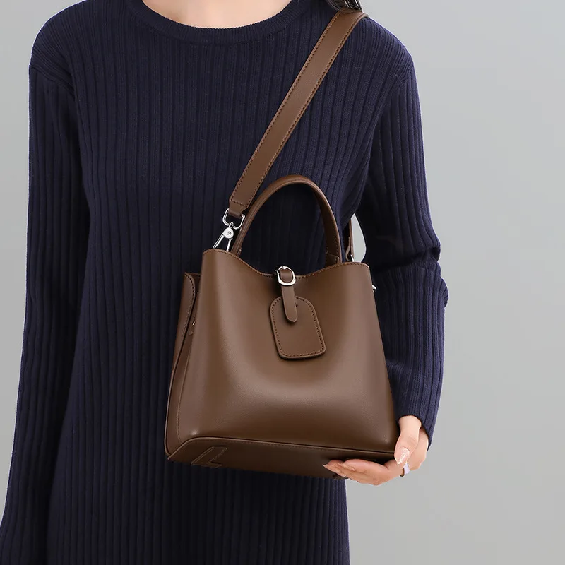 Bucket Bag Shoulder Tote Crossbody Women's Y2k New Genuine Leather Head Layer Cowhide Versatile Underarm Large Capacity Retro