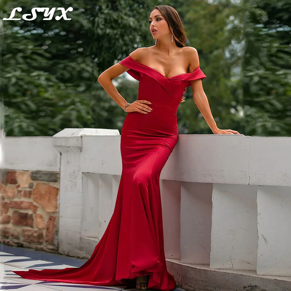 

LSYX Red V Neck Off The Shoulder Wedding Party Dress 2023 Sexy Backless Floor Length Satin Simple Mermaid Evening Prom Gown