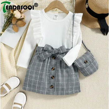 4-7Y bambini ragazze abbigliamento vestito tinta unita manica lunga volant top + gonna scozzese con cintura + borsa bambini ragazza Costume 3 pezzi Set