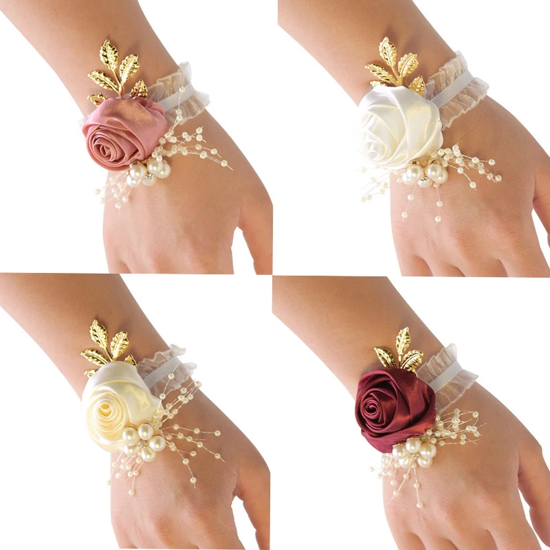 

Bridal Wrist Corsage Silk Rose Flower Wedding Hand Decorative Wristband Bracelet for Bridesmaid Hand Flowers Wedding Accessory