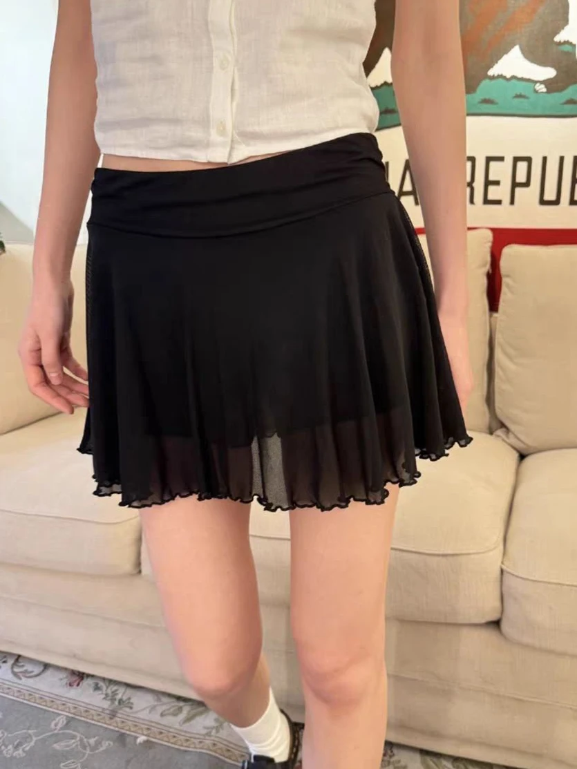 

Vintage Black Mesh Mini Skirt for Woman Fungus Hem High Waist A-line Short Faldas Summer Casual Sweet Cute Preppy Style Skirts