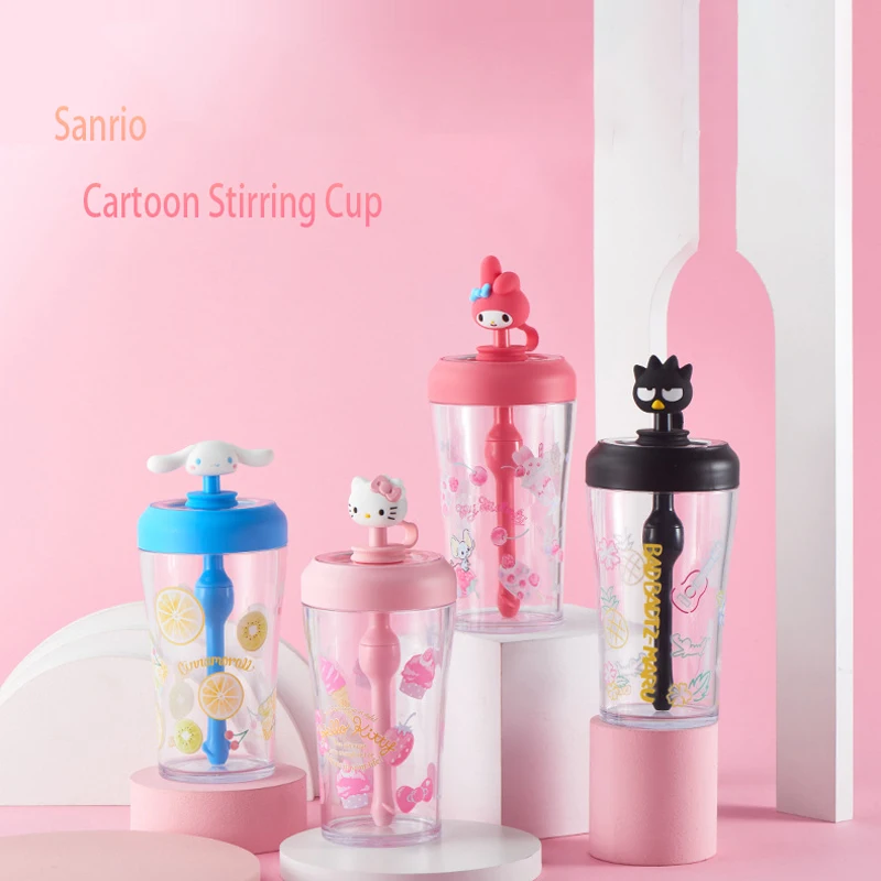 

500Ml Kawaii Hello Kitty Sanrio Anime Cold Drink Cup Cute Cinnamoroll My Melody Straw Bottle with Stirring Transparent Milk Cup