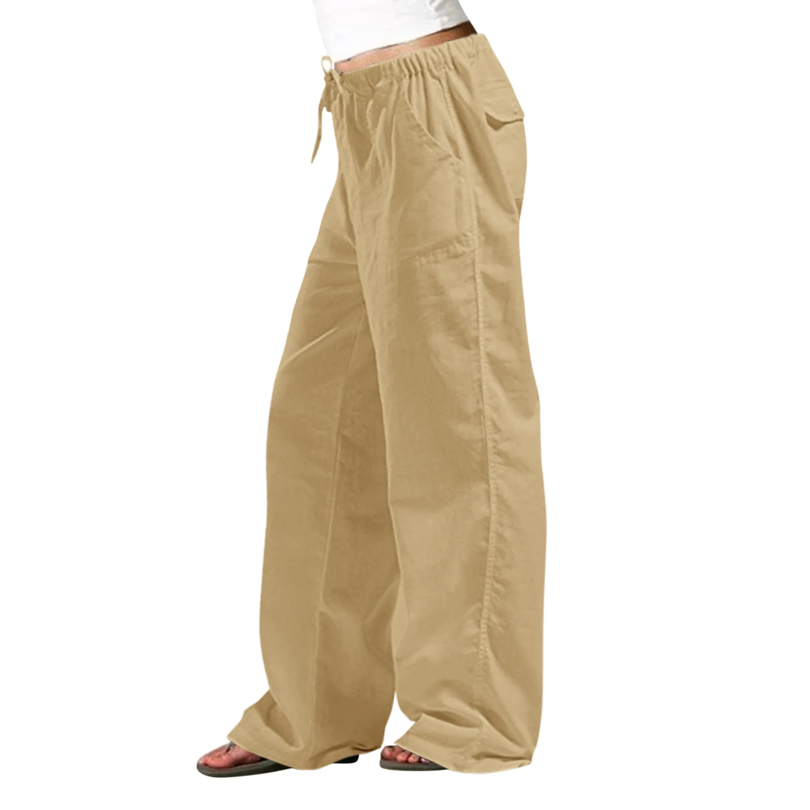 Pantalones informales de algodón y lino para mujer, Pantalón recto con bolsillo y cintura elástica, Color sólido, 2024