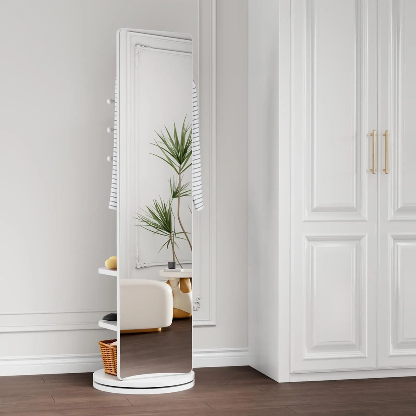 Multifunctional Rotating Full Body Mirror Storage Rack Solid Wood Standing Coat Rack Mirror for Bedroom Living Room Home Gym