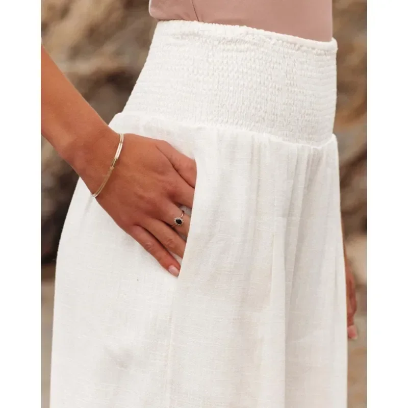 Spring Summer for Women 2024 New Female Pants Office Lady Cotton Linen Pockets Solid Loose Casual White Wide Leg Long Trousers